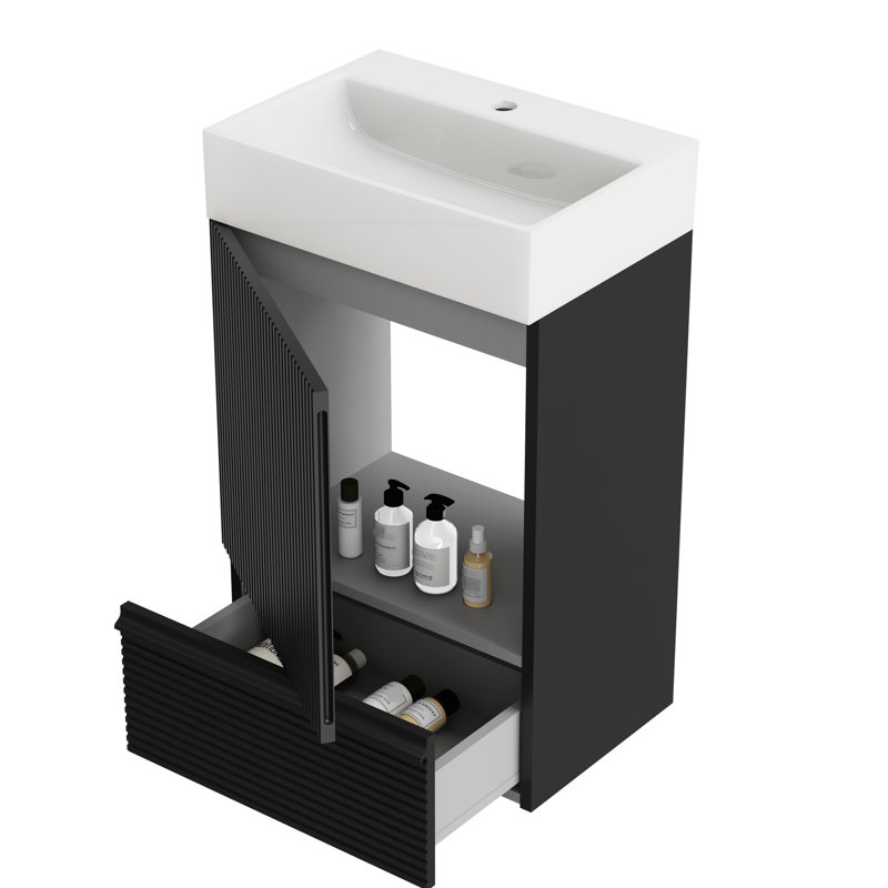 Meuble-lavabo moderne noir mat Matt - armoire autoportante avec lavabo en céramique et structure fonctionnelle et stable