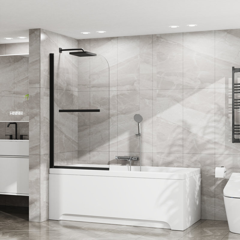 Pare-baignoire 31 po x 55 po, panneau de verre trempé pivotant à 180 ° avec poignée en acier inoxydable 304, finition noir mat