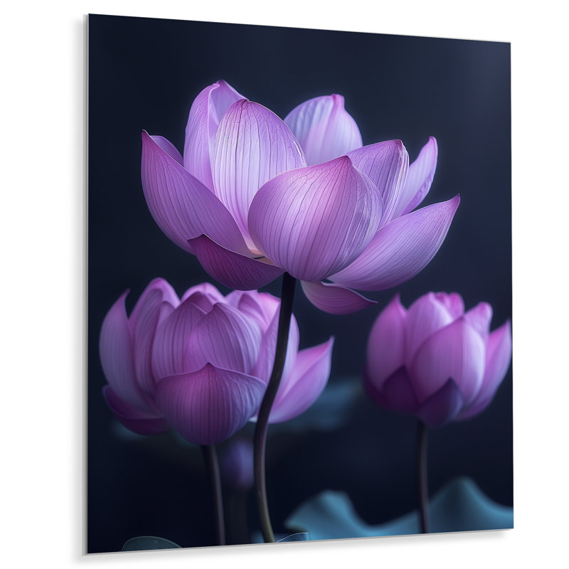 Fleurs de lotus mauves et grises Essence I - Lotus Wall Art Living Room, Sans cadre, métal, H 30 po x l 40 po