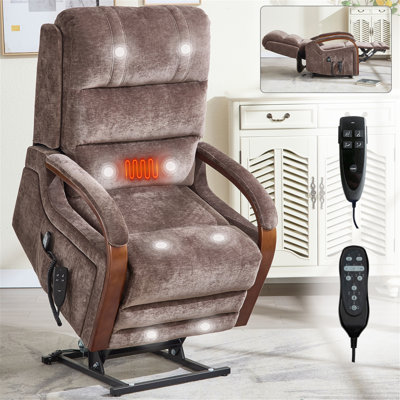 Power Brown Chenille Lift Recliner Chair Dual Motor Infinite Position Up To 350 LBS With Solid Wood Armrests, Heat Massage And Heavy Duty Motion Mechanism