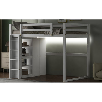 Lit mezzanine double en bois pleine grandeur avec garde-robe, tablettes de rangement et abat-jour à DEL blanc
