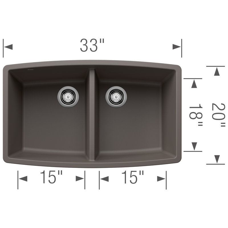 Performa Silgranit 33" L x 20" W Double Bowl Granite Composite Undermount Kitchen Sink, Volcano Gray