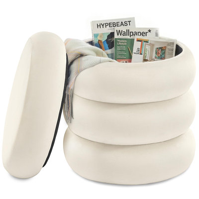 Round Storage Ottoman With Stacked Donut Design 16.9X16.9X18.5 Inch Cream White Fabric Padded Seat For Living Room Bedroom