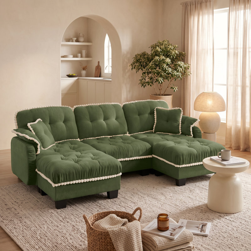 Canapé 3 places vert en chenille motif nuage, avec 2 poufs amovibles, coussins capitonnés et finis à pompons., Vert