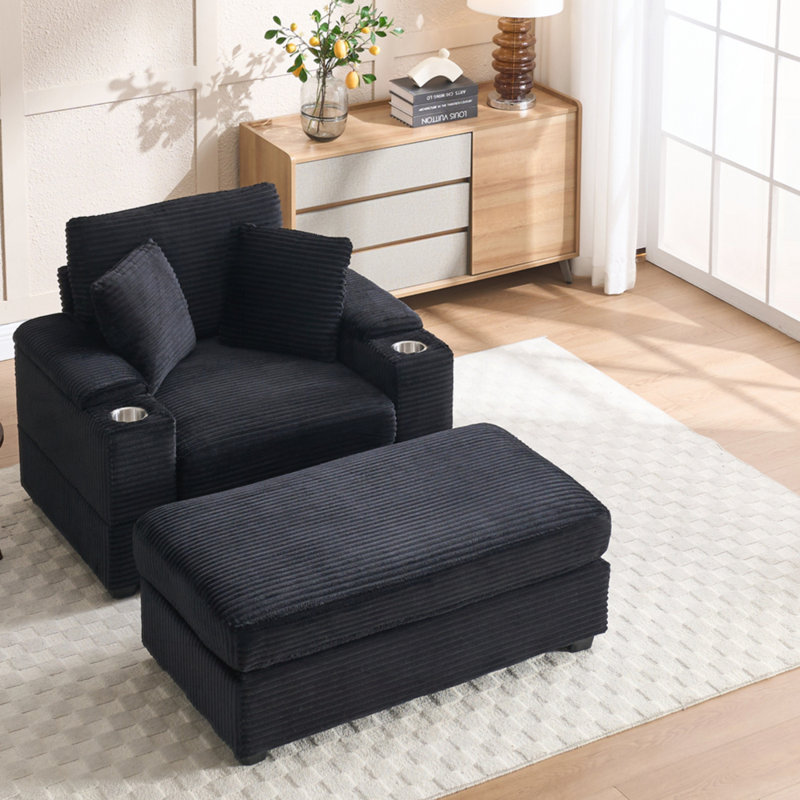 Canapé rembourré en velours côtelé avec rangement pour main courante et repose-pieds mobile Corduroy, Noir