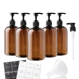 Bouteilles d'apothicaire Alora 5-en-1 pour usage domestique et commercial - 16Oz Élégant réservoir de shampooing ambré rechargeable de 8,5 po x 3 po, lavage à la main, huiles de massage - Comprend 24 étiquettes imperméables, pompe 2CC et entonnoir