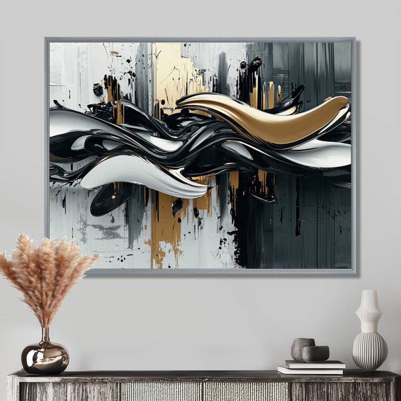 Widger Goldern «Black Shifting Ink Waters I» - art mural transitionnel, H 34 po x l 44 po, Argent argent