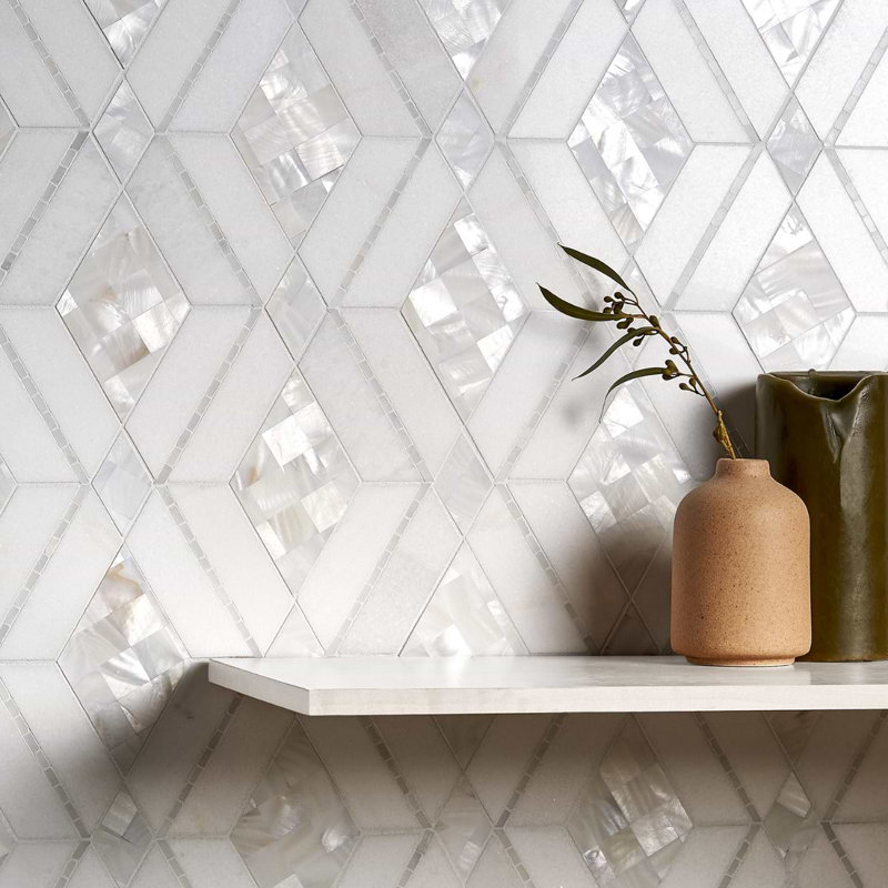 Diana Diamond Polished Marble and Pearl Mosaic Tile, White