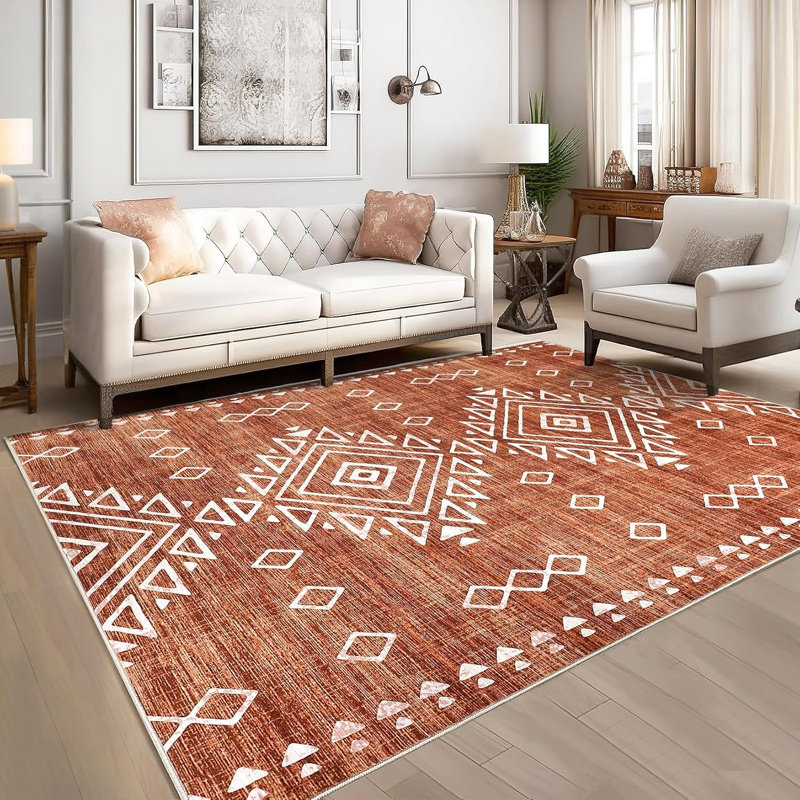 Geometric Vintage Hallway Rug, Machine Washable Non-Slip Low Pile, Distressed Tribal Carpet for Entryway, Red