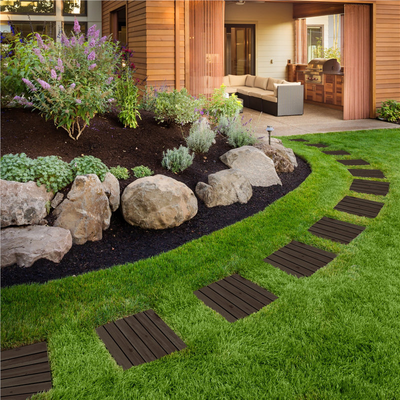 Acacia Natural Wood Interlocking Deck Tiles for Indoor and Outdoor, Black