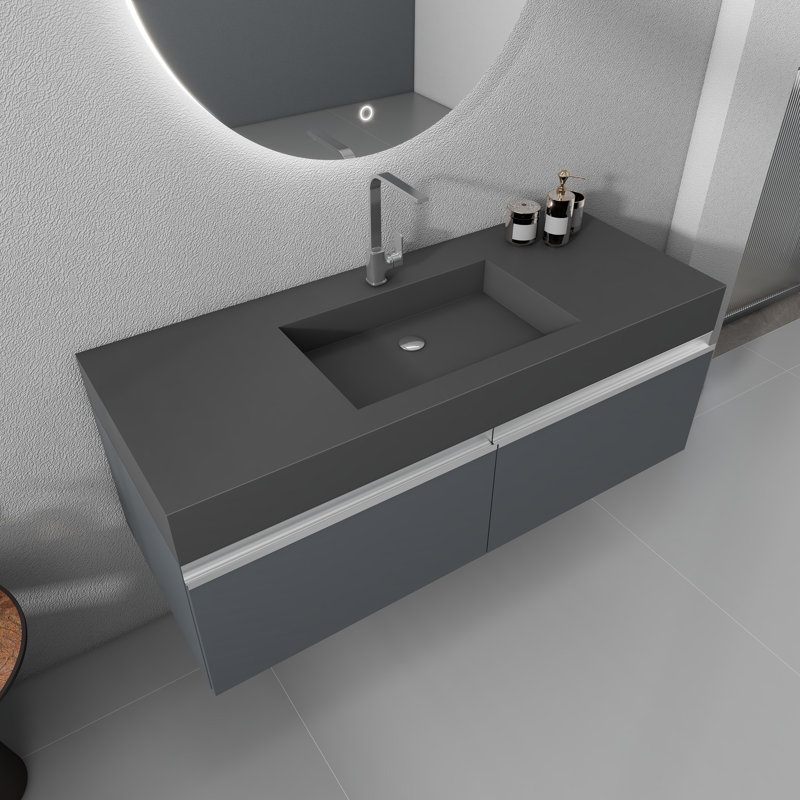 47" Wall Mounted Solid Surface Bathroom Sink, Matte Gray