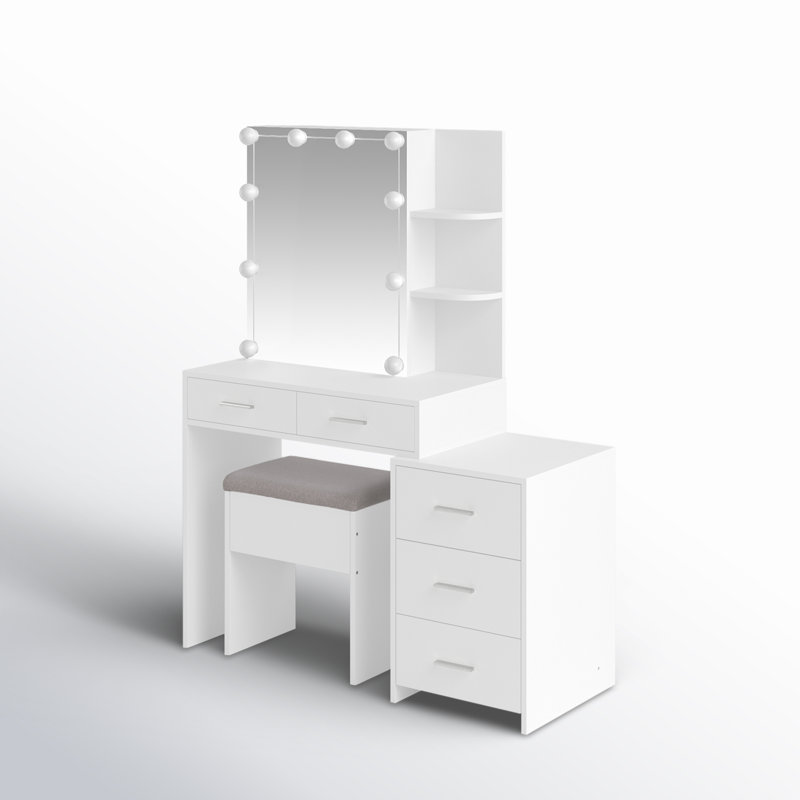 Calletano 44.3"Wide Makeup Vanity Set with Mirror Cabinet, Stool,5 Drawers, White