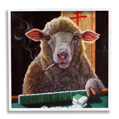 " Sheep Playing Mahjong Tile Game Smoking Animal " by Lucia Heffernan Painting Print