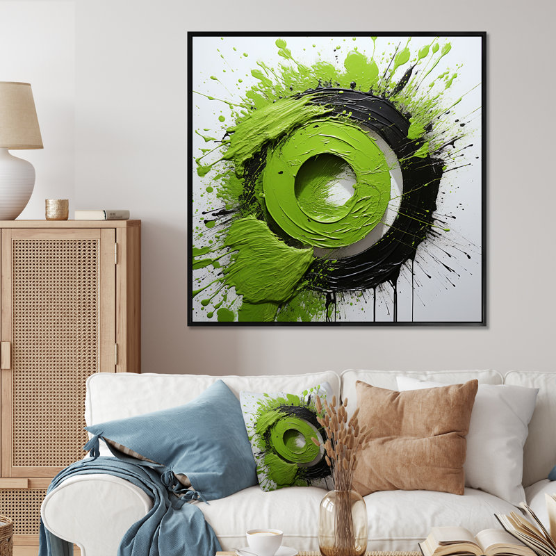 «Green Spiral Neon Fusion 1 - Abstract Collages», art mural, Cadre flottant noir, H 36 po x l 36 po x P 1,5 po