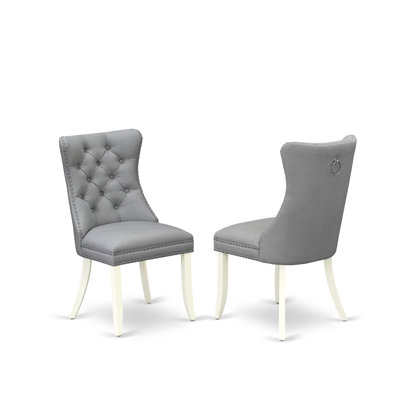 Dallas Parson Dining Chairs, Button Tufted Back with Nailhead Trim, Light Gray Polyester Fabric Padded Chairs, Set of 2, Linen White