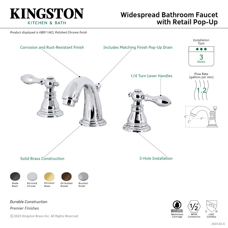 Kingston Brass American Classic Two-Handle 3-Hole Deck Mount Widespread Bathroom Faucet with Retail Pop-Up Drain