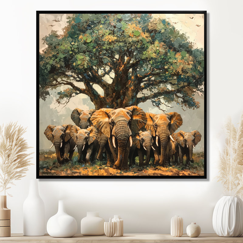 Éléphants d'Afrique par le baobab III - Éléphant, art mural, H 30 po x l 30 po, Impression encadrée flottante