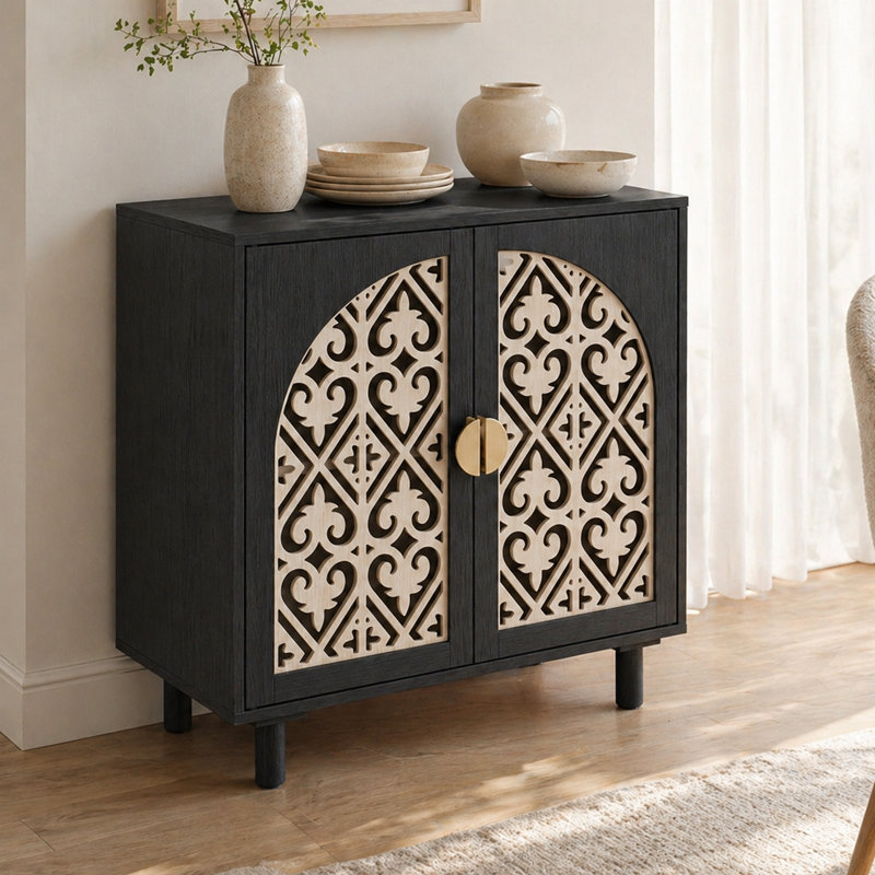 29.84" Black Bohemian Carved Storage Cabinet, Black