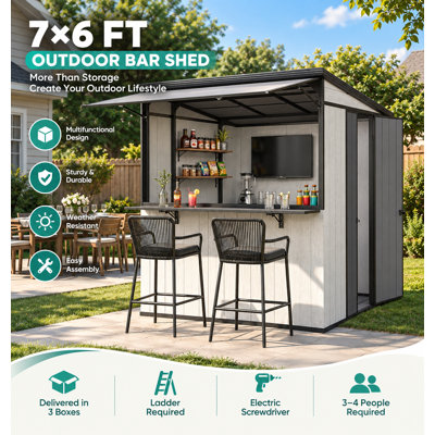 7 x 6 Ft. Outdoor Storage Shed with Fold-Down Bar Counter, Hydraulic-Supported Awning and Lockable Door, Lean-To Backyard Bar Shed, Gray