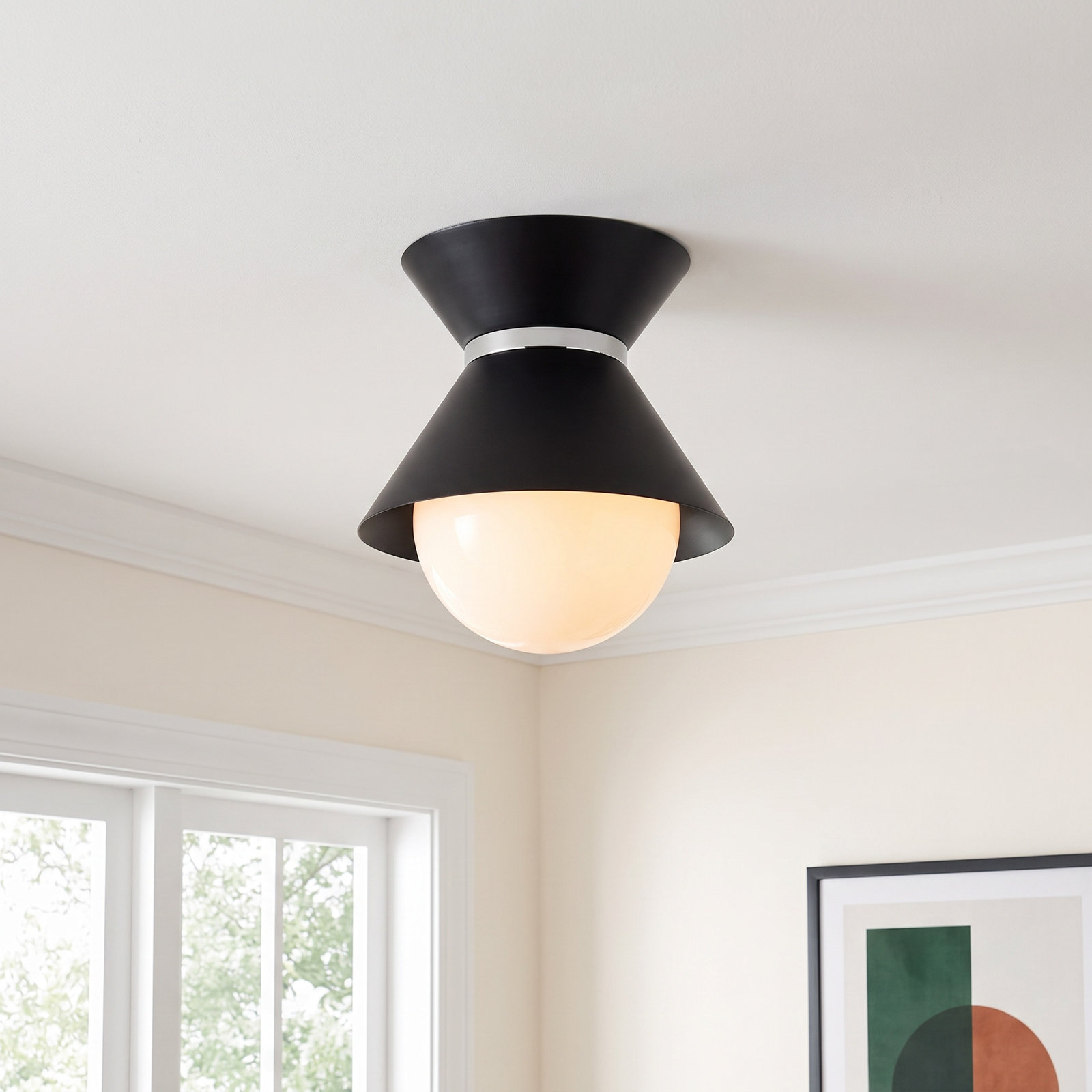 Scout Single Light Glass Semi Flush Mount, Soft Black/Polished Nickel