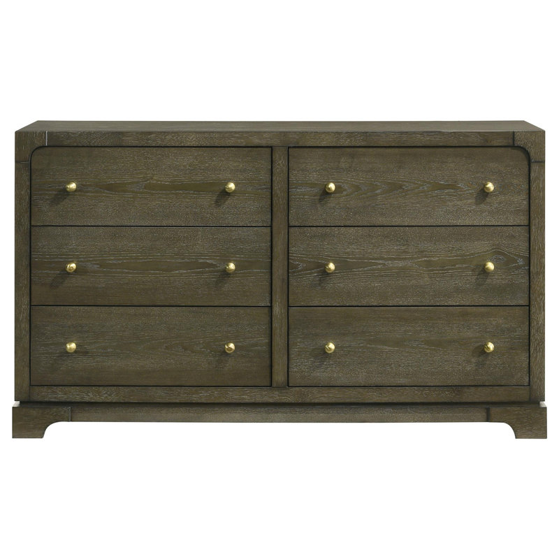 Commode large Seon, 6 tiroirs avec boutons en laiton, bois brun cacao foncé