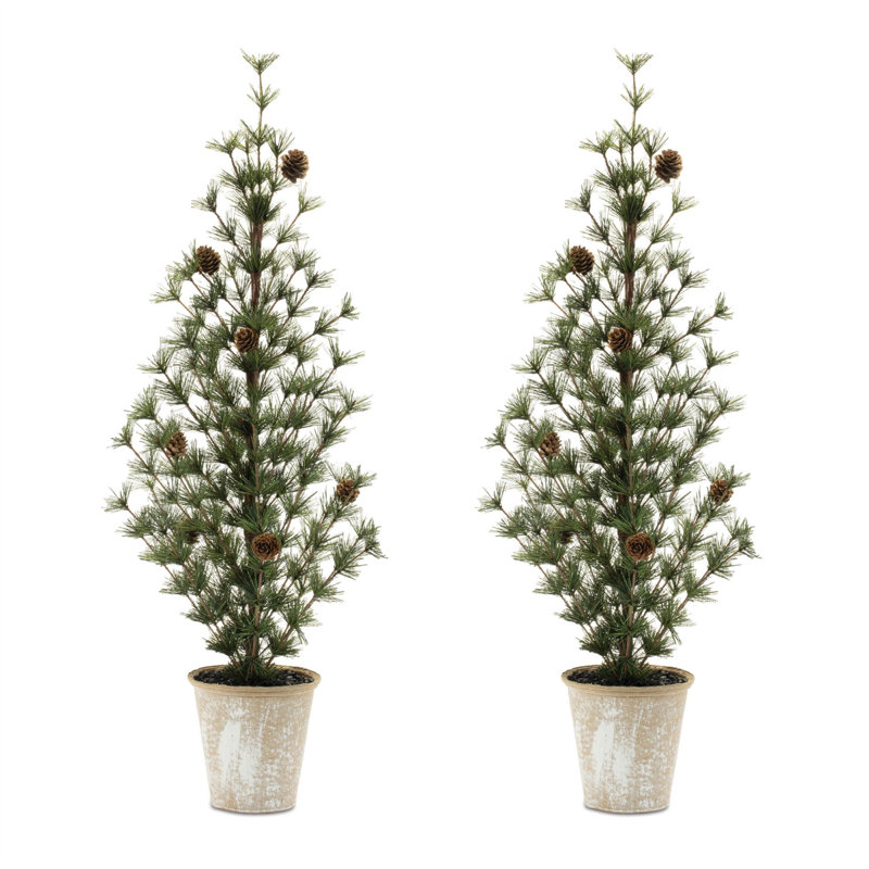 Ensemble de deux mini pins artificiels 32 "avec pommes de pin dans des pots brun rustique