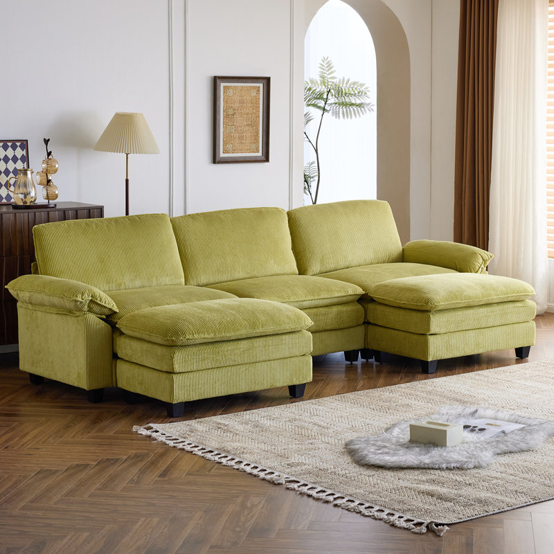 Shugar Solid and Manufactured Wood U-Shaped Sectional , Green Corduroy