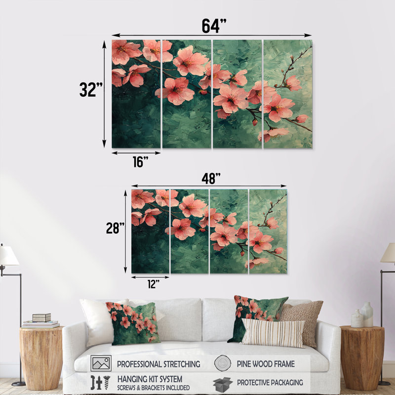 Fleurs de cerisier au réalisme vert printanier - Décoration murale fleur de cerisier - Art mural traditionnel