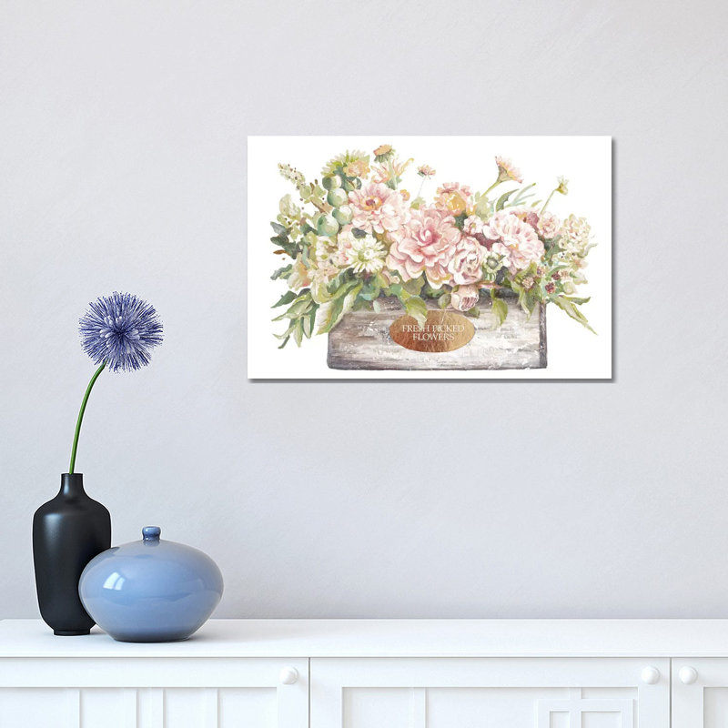 Flowers In Wooden Planter by Patricia Pinto - Painting on Canvas, 30.48cm H x 45.72cm W x 1.91cm D, Wrapped Canvas
