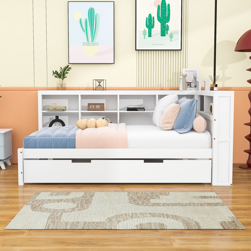 Wood Daybed with Twin Trundle, Storage Shelf, and USB Charging Ports, Twin, White