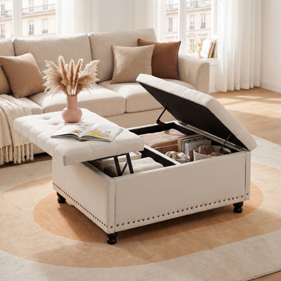 Repose-pieds carré avec rangement, table basse rembourrée avec décor à rivets, repose-pieds rectangulaire avec rangement dissimulé, repose-pieds pour salon, chambre à coucher, entrée, beige