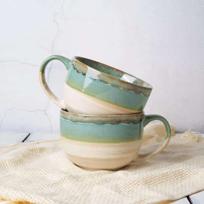 Ceramic large coffee cup set, 23 ounces, with handle, dishwasher, and microwave safe (green) 2-piece set