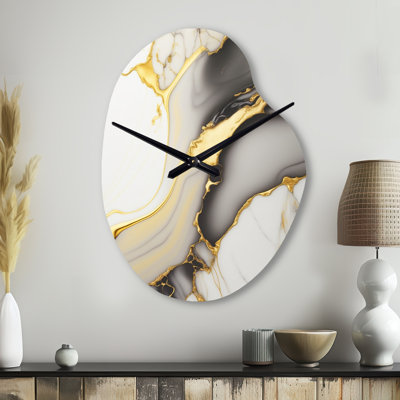 Abstract Geode Marble White And Gold II - Pear Shape Large White Wall Clock - Unique Shape