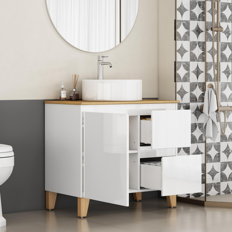 Ensemble de meuble-lavabo moderne avec lavabo, 1 porte et 2 grands tiroirs, Rond, 32"