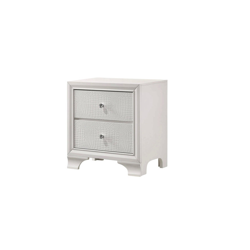 1Pc Modern Glam Style Crisp White Finish Two Drawer Nightstand Embossed Crocodile Pattern