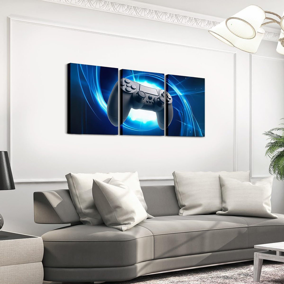 Video Game Canvas Wall Art Set Of 3,Gamer Gamepad Artwork Posters Gaming Bathroom Pictures Wall Decor 16" L X 12" W Each