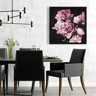 Toile noire botanique romantique | Pivoines roses