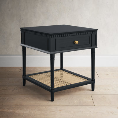 Ayleena Solid Wood End Table with Drawer and Woven Cane Storage Shelf
