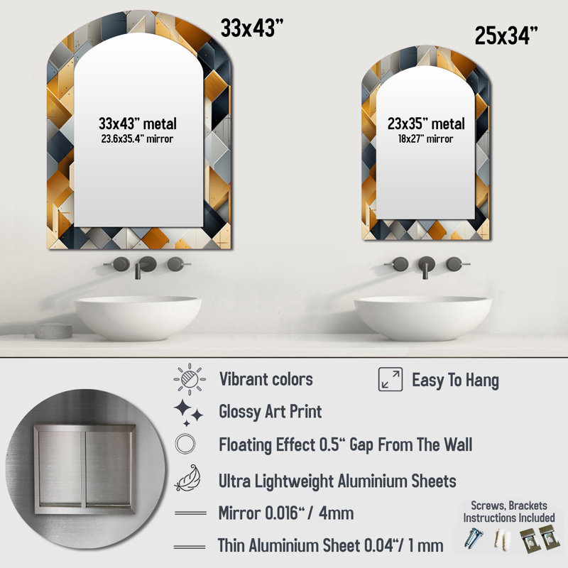 Grey Hexagons Dreams - Geometric Arch Decorative Mirror, Grey Asymmetrical Wall Mirror, Printed Metal Art, 34" x 25"