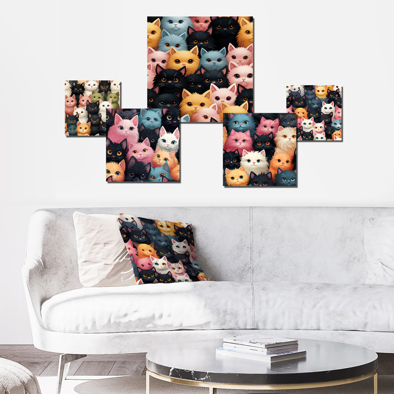 Pink And Black Cat Pattern For Nursery - Animal Wall Decor Set Of 5