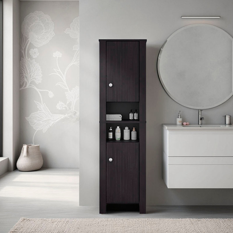 Armoire haute Catalina, organisateur de salle de bain avec compartiments fermés et zones d'utilisation quotidienne, wengé