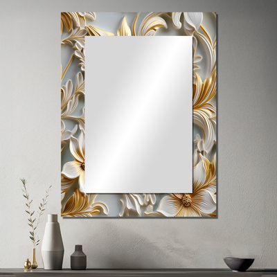 Keerthika Gold And White  Royal Flower Garden Serenity - marble  Mirror, Modern Unique Wall Mirror, Printed Metal Art