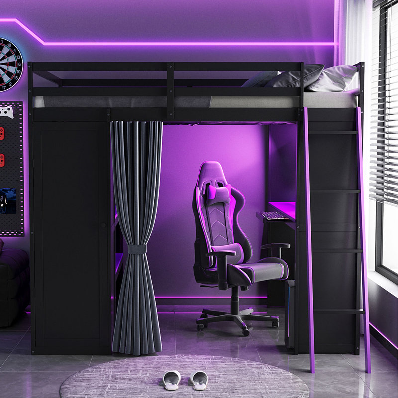 Lit mezzanine en bois pleine grandeur avec garde-robe, tablettes, rideaux occultants et lumières RVB, noir et mauve