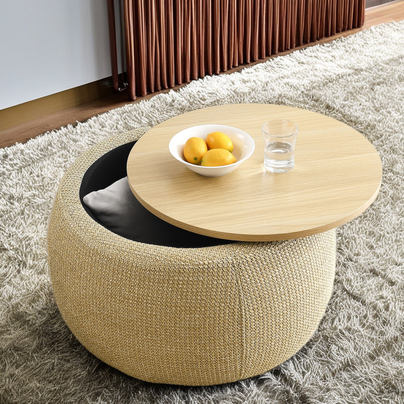 Repose-pieds rond avec rangement, fonction 2 en 1, table de bout avec repose-pieds, Naturel