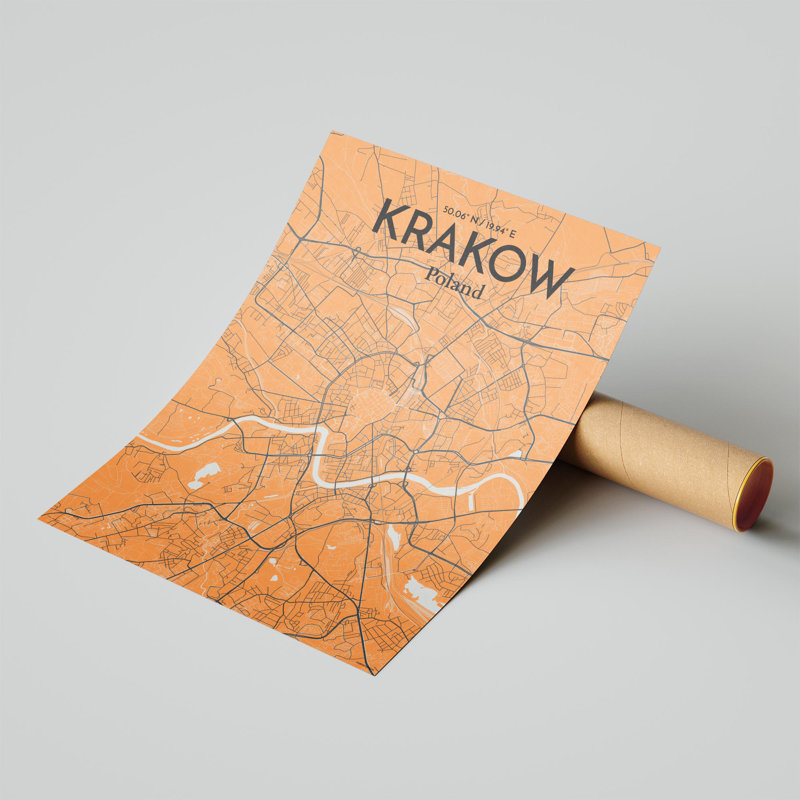 «Krakow City Map», impression de luxe, H 24 po x l 18 po, Orange / gris