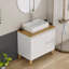 Meuble-lavabo moderne de 80 cm avec lavabo intégré, 1 porte et 2 grands tiroirs, système de fermeture amortie, design sans poignées, plateau et pieds en bois massif naturel, lavabo rond en céramique sur le comptoir, blanc lustré-837923037