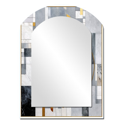 Grey and Yellow Mosaic I - Abstract Shapes Asymmetrical Unique Mirror, Grey Arch Large Wall Mirror, Printed Metal Art