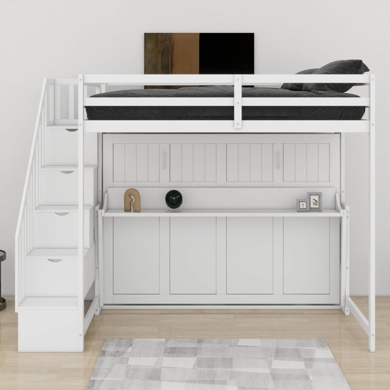 Lit escamotable double sur double avec lève-personne hydraulique et conception de bureau, Blanc