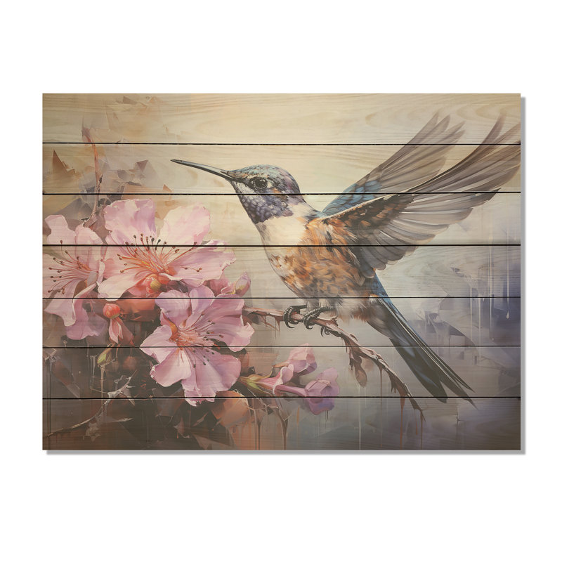 Colibri gris en vol II - imprimé colibri sur bois, H 24 po x l 32 po x P 0,78 po