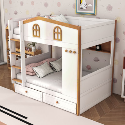 Wooden Two Drawers Bunk Bed with Shelves and Guardrails